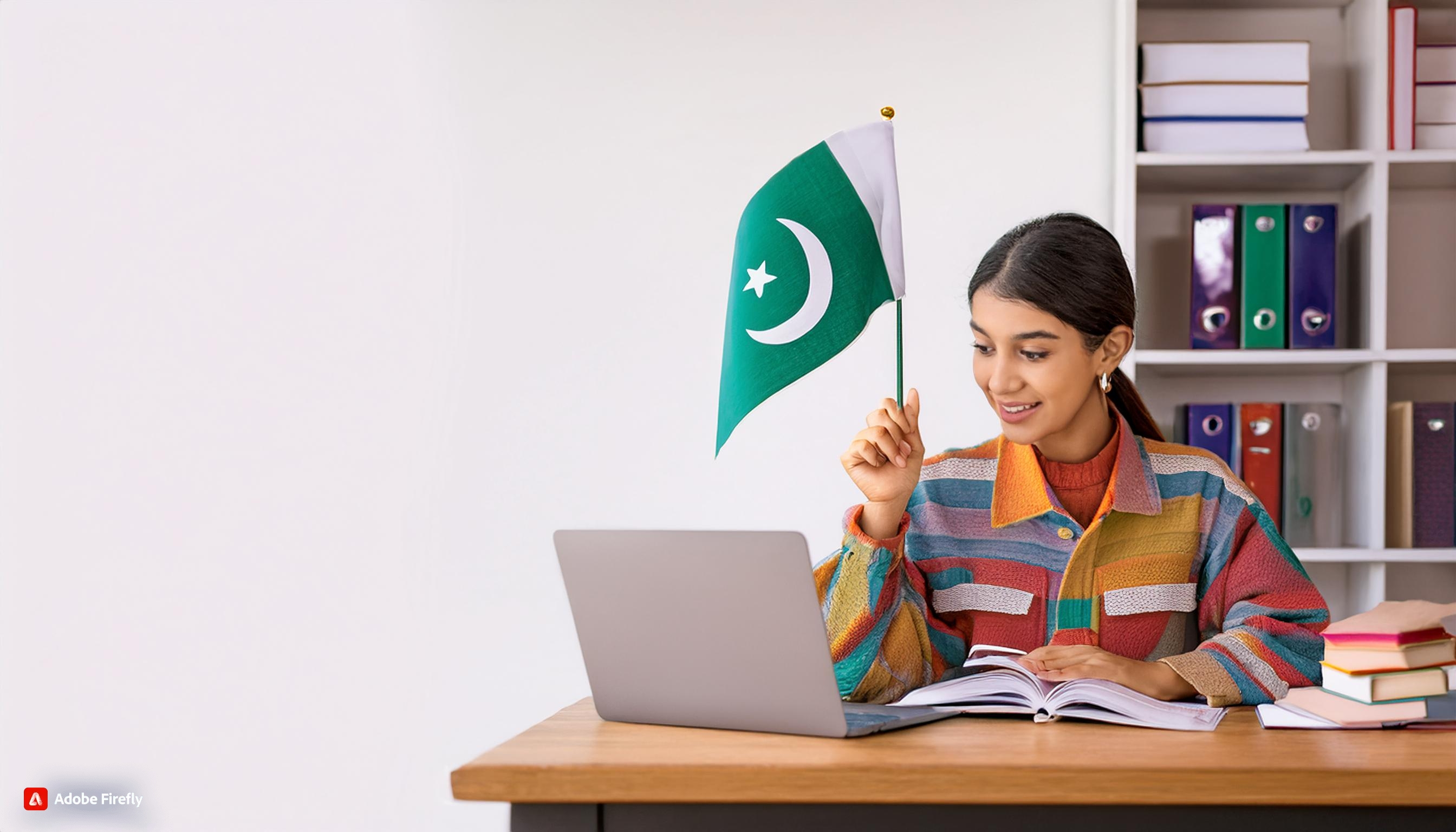 Female student preparing for ISSB, holding a Pakistan flag in a focused study environment with books and a laptop, showcasing dedication and ambition. Study Bites Tutoring Services Pvt Ltd.