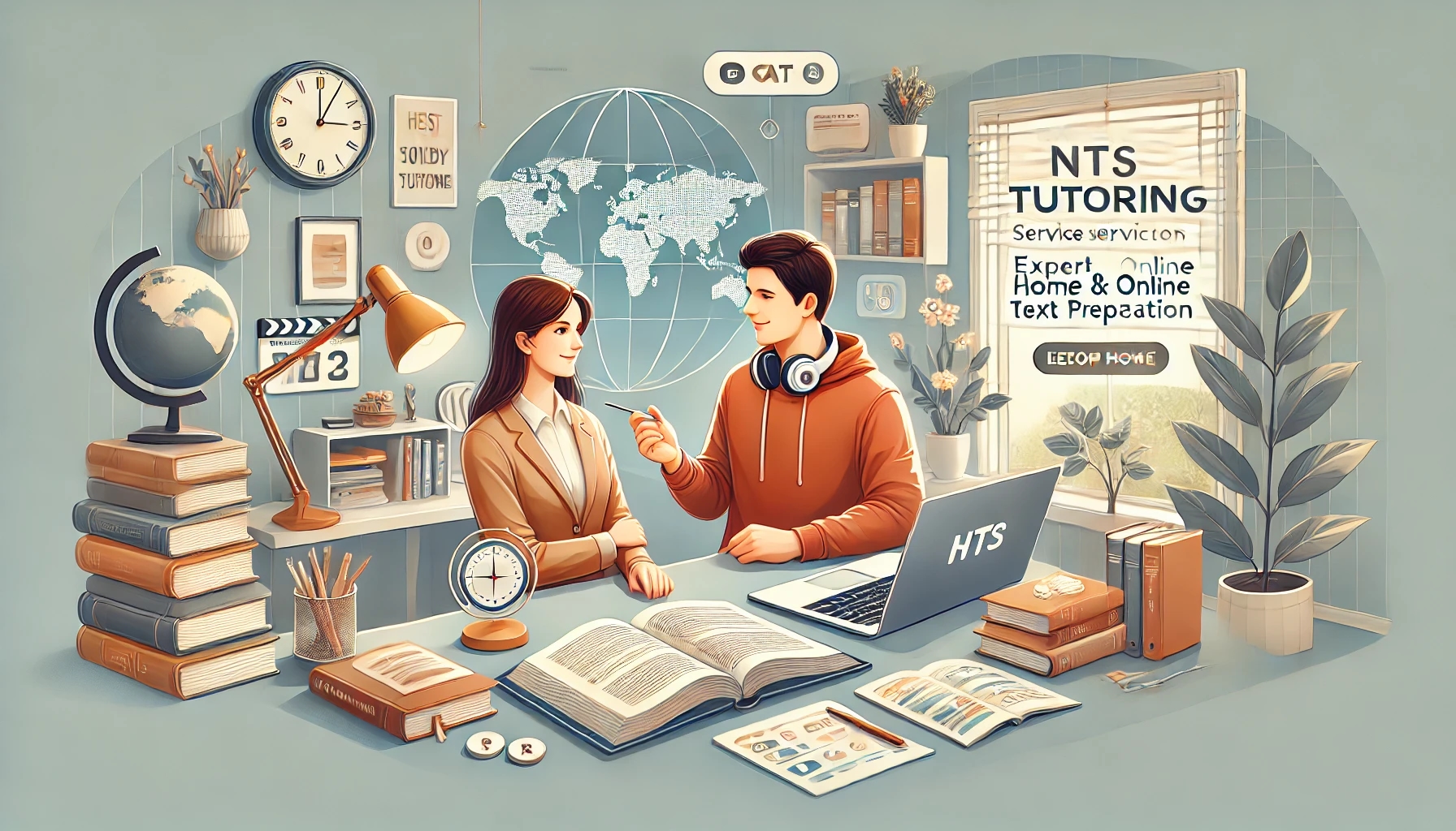 An engaging and professional illustration of home and online tutoring services for NTS GAT test preparation by StudyBites. The image shows a tutor and a student interacting over a laptop in a modern study environment, surrounded by study materials and a world map, symbolizing global tutoring services.