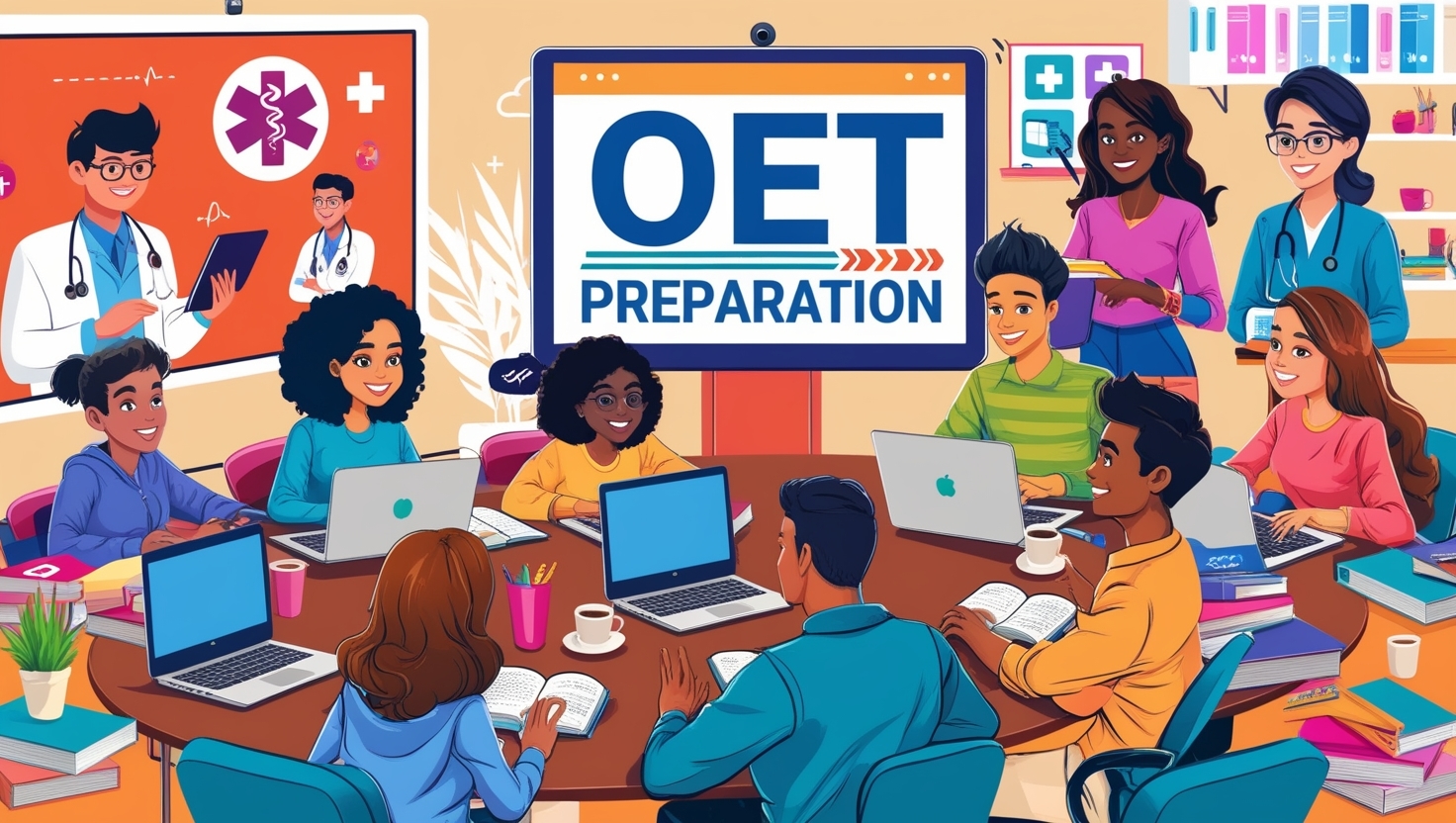 Lively classroom setup for OET tutoring, with students and tutors focused on exam preparation