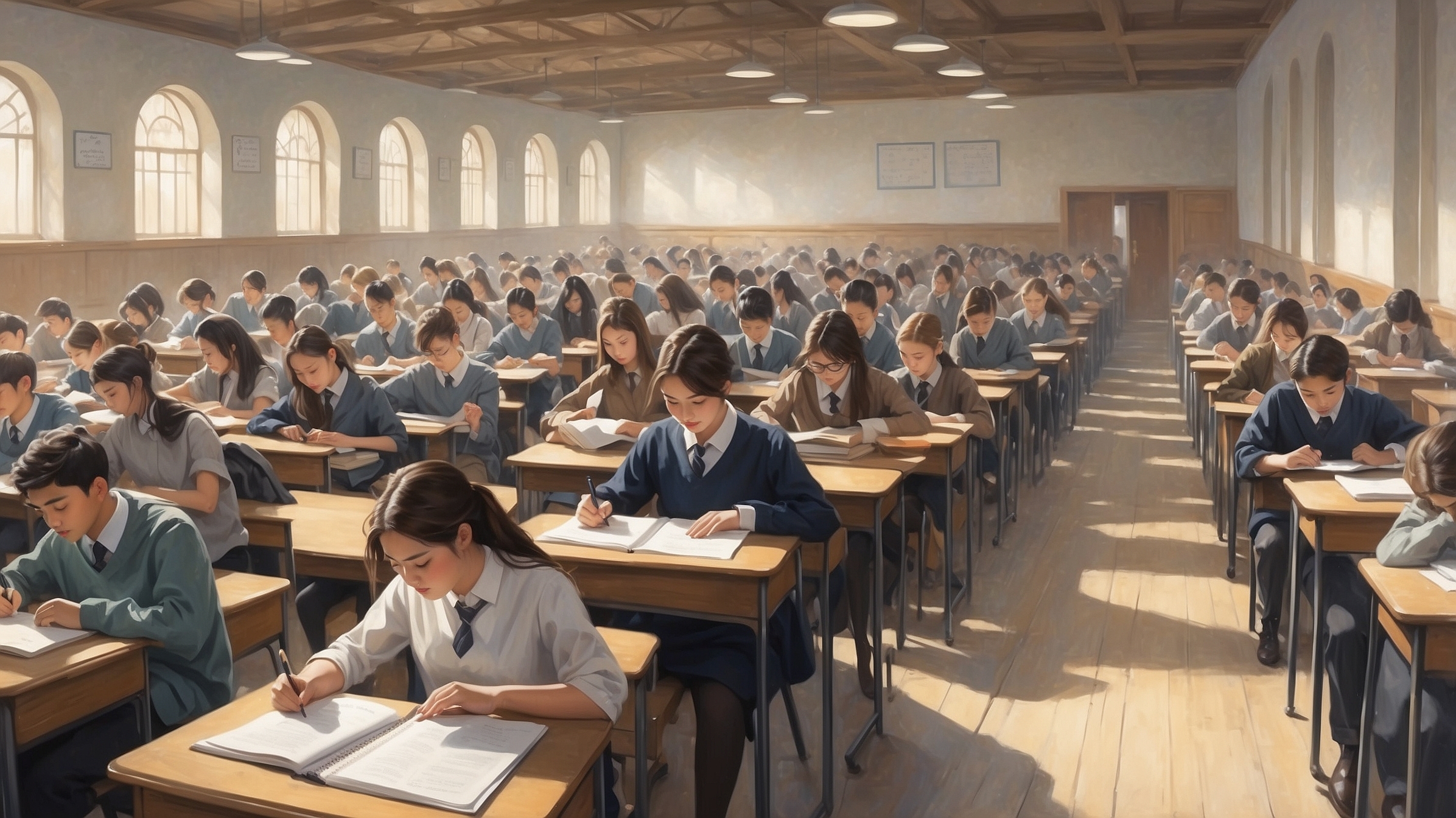 students sitting in an exam hall appearing in their IGCSE Exam